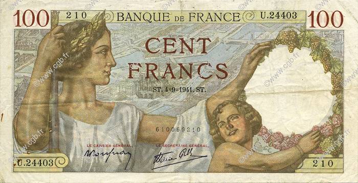 100 Francs SULLY FRANCE  1941 F.26.57 VF