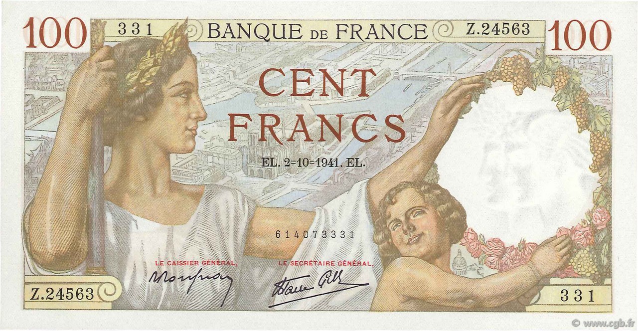 100 Francs SULLY FRANCE  1941 F.26.58 UNC-