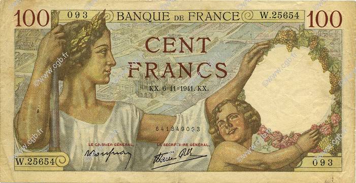 100 Francs SULLY FRANCE  1941 F.26.60 F+