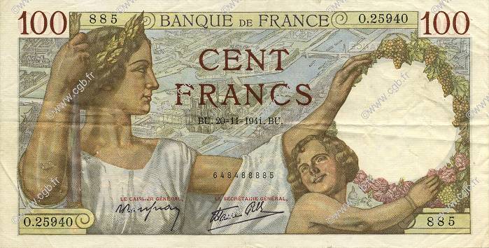 100 Francs SULLY FRANCIA  1941 F.26.61 BB