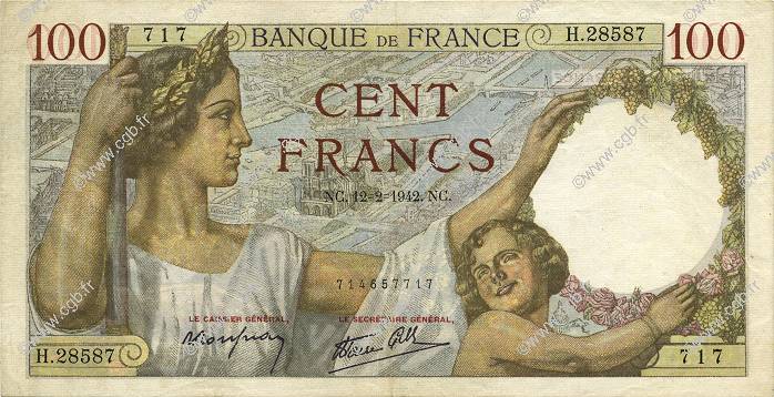 100 Francs SULLY FRANKREICH  1942 F.26.66 VZ