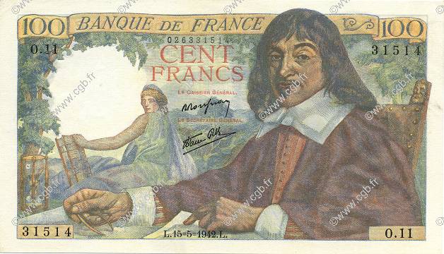 100 Francs DESCARTES FRANCIA  1942 F.27.01 SPL+