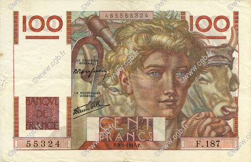 100 Francs JEUNE PAYSAN FRANKREICH  1947 F.28.13 SS
