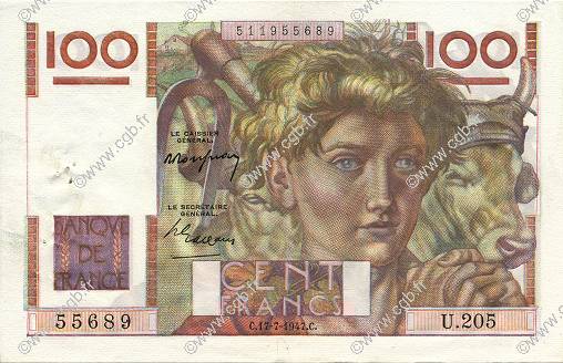 100 Francs JEUNE PAYSAN FRANKREICH  1947 F.28.15 VZ