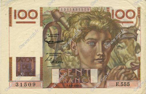 100 Francs JEUNE PAYSAN filigrane inversé FRANCIA  1953 F.28bis.02 MBC