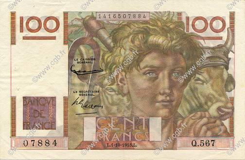 100 Francs JEUNE PAYSAN FRANCE  1953 F.28.39 XF-