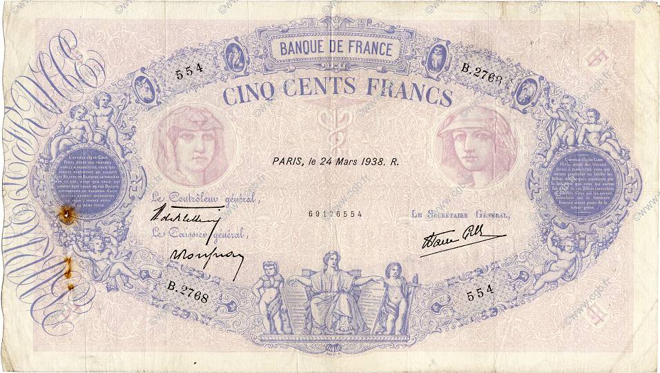 500 Francs BLEU ET ROSE modifié FRANCE  1938 F.31.06 F-