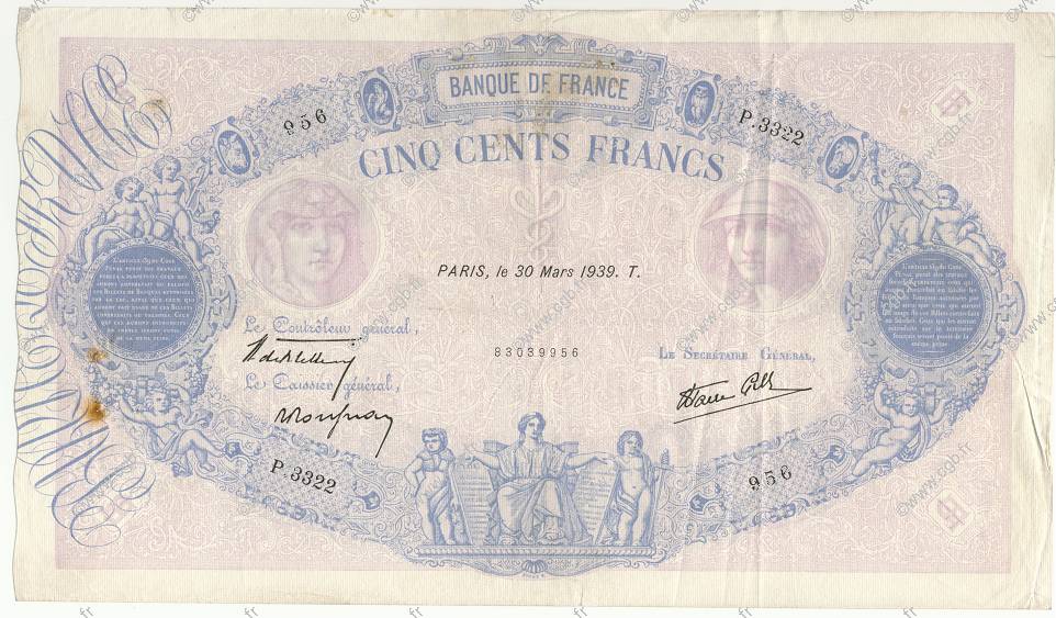 500 Francs BLEU ET ROSE modifié FRANKREICH  1939 F.31.29 fSS