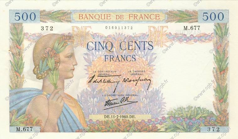 500 Francs LA PAIX FRANCE  1940 F.32.04 AU