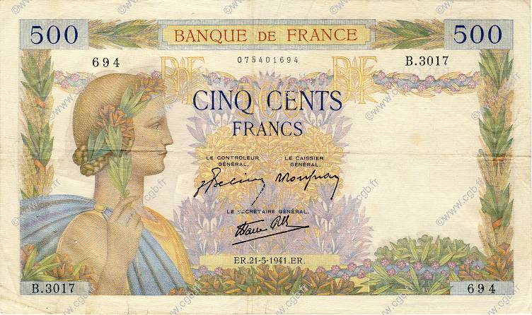 500 Francs LA PAIX FRANCE  1941 F.32.17 VF