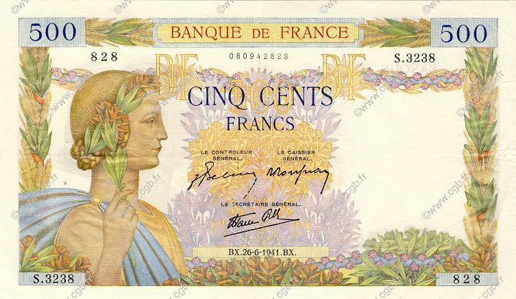 500 Francs LA PAIX FRANKREICH  1941 F.32.19 VZ