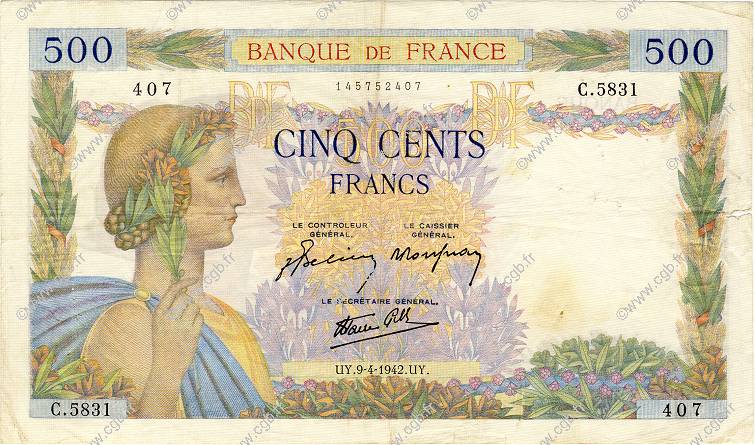 500 Francs LA PAIX FRANKREICH  1942 F.32.34 fSS