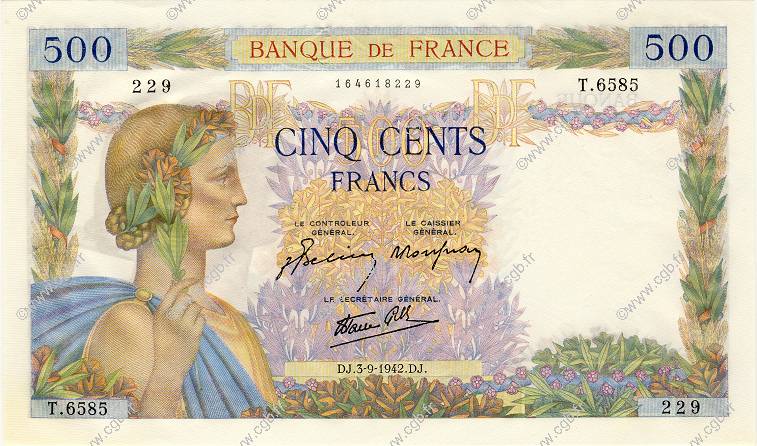 500 Francs LA PAIX FRANCIA  1942 F.32.39 EBC a SC