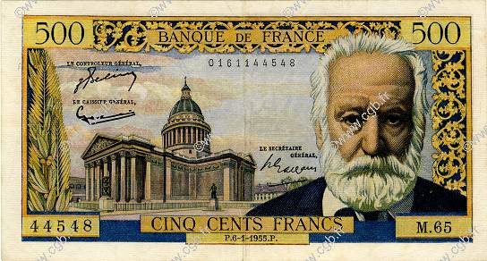 500 Francs VICTOR HUGO FRANCE  1955 F.35.04 TTB
