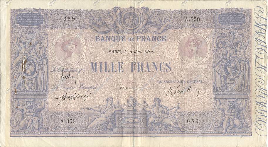 1000 Francs BLEU ET ROSE  FRANCE  1914 F.36.28 TB+