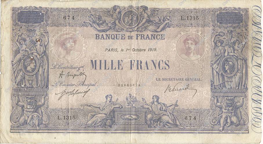 1000 Francs BLEU ET ROSE FRANCIA  1919 F.36.34 RC+
