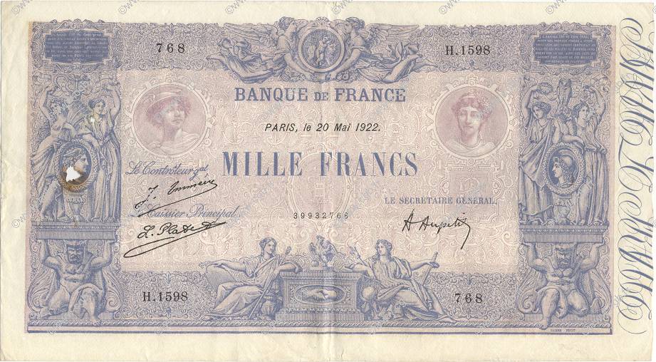 1000 Francs BLEU ET ROSE FRANCE  1922 F.36.38 VF
