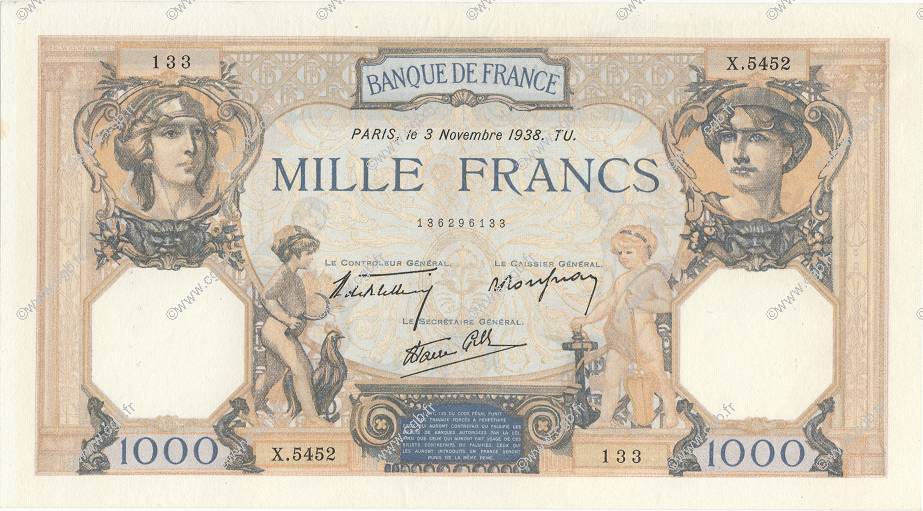 1000 Francs CÉRÈS ET MERCURE type modifié FRANCE  1938 F.38.32 TTB+