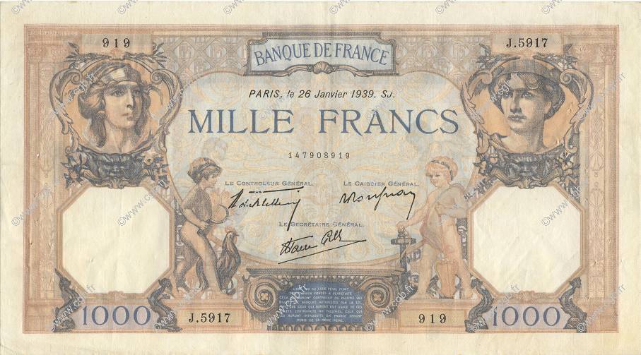 1000 Francs CÉRÈS ET MERCURE type modifié FRANCE  1939 F.38.33 TTB+