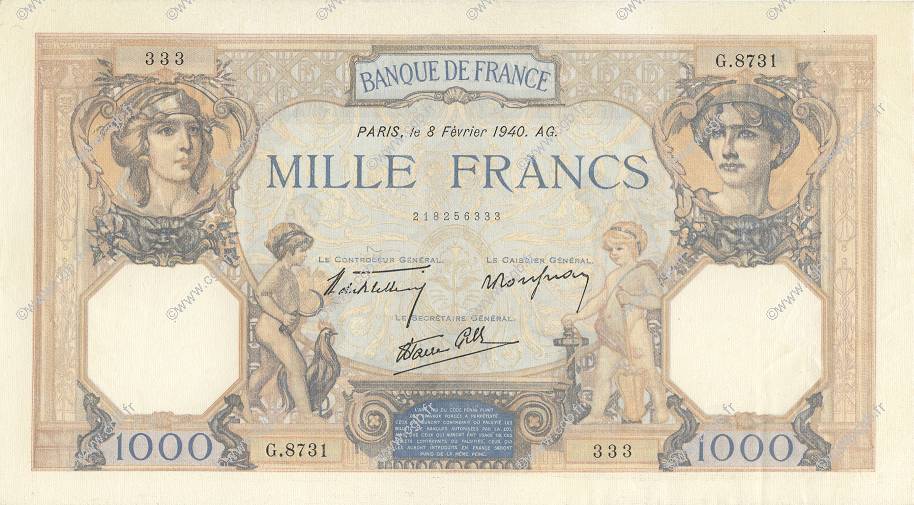 1000 Francs CÉRÈS ET MERCURE type modifié FRANCE  1940 F.38.42 XF
