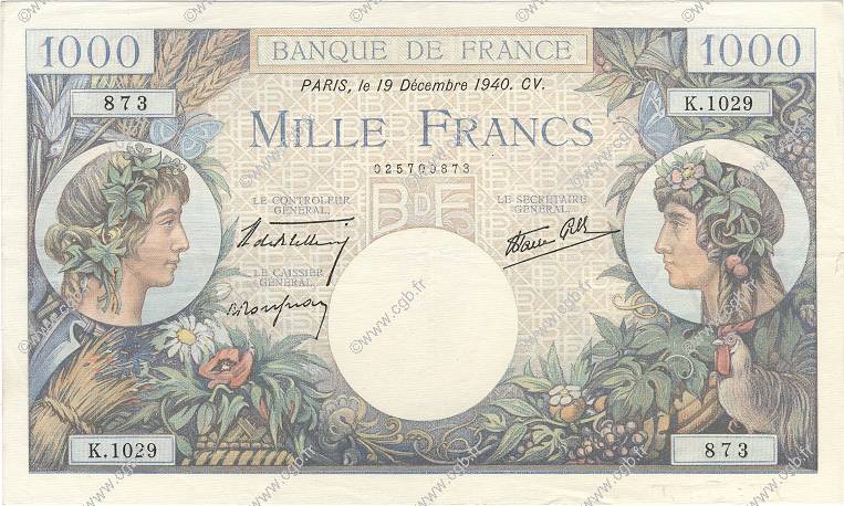 1000 Francs COMMERCE ET INDUSTRIE FRANKREICH  1940 F.39.03 fVZ