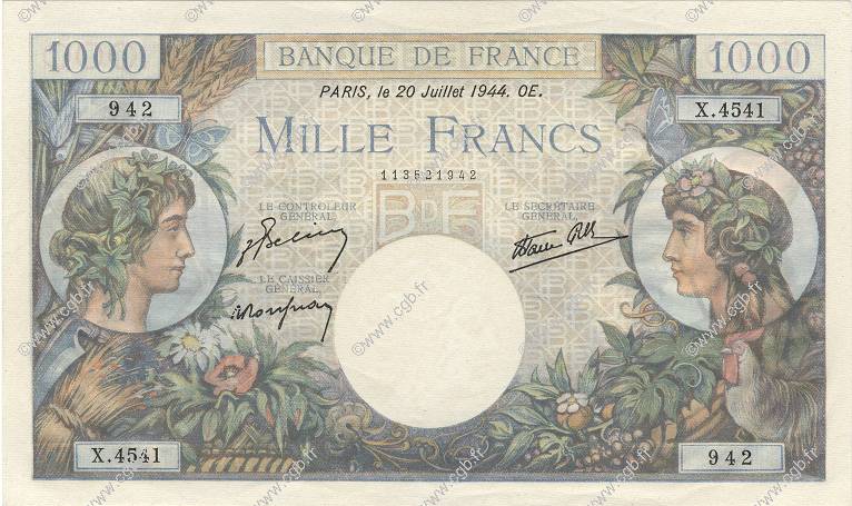 1000 Francs COMMERCE ET INDUSTRIE FRANCE  1944 F.39.12 UNC-
