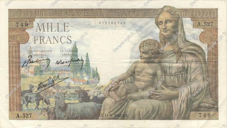 1000 Francs DÉESSE DÉMÉTER  FRANCE  1942 F.40.02 pr.TTB