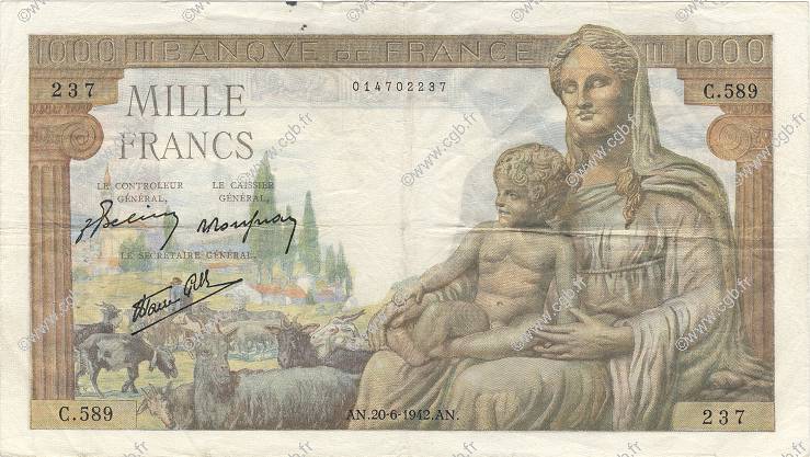 1000 Francs DÉESSE DÉMÉTER FRANCE  1942 F.40.03 TB+