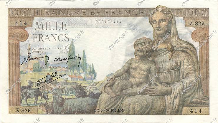 1000 Francs DÉESSE DÉMÉTER FRANCE  1942 F.40.03 SUP