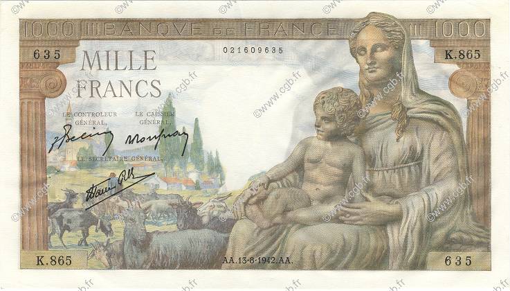 1000 Francs DÉESSE DÉMÉTER FRANCE  1942 F.40.04 SUP+