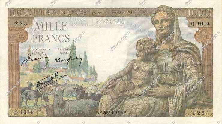 1000 Francs DÉESSE DÉMÉTER FRANCE  1942 F.40.05 SUP+