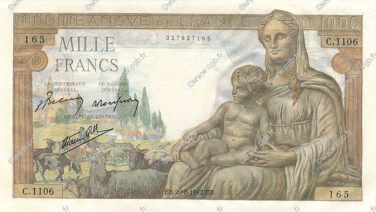 1000 Francs DÉESSE DÉMÉTER FRANKREICH  1942 F.40.05 fST+