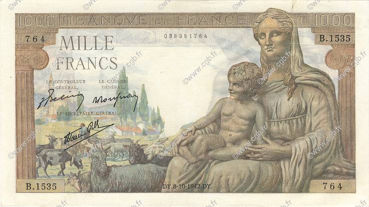 1000 Francs DÉESSE DÉMÉTER FRANKREICH  1942 F.40.08 fST