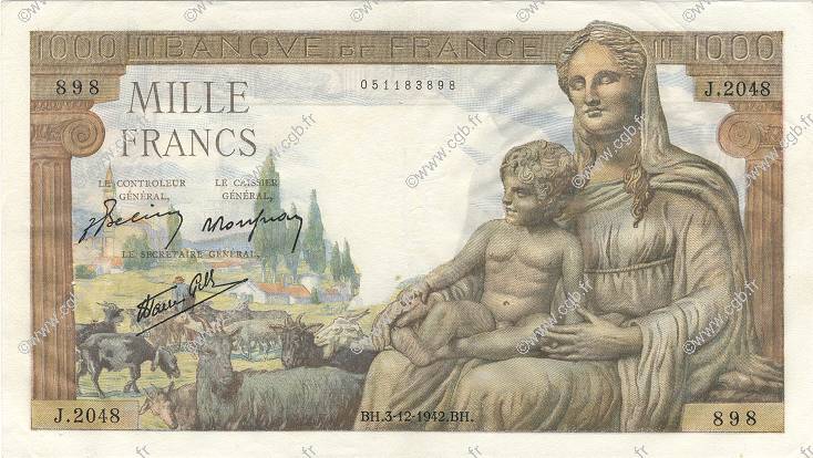 1000 Francs DÉESSE DÉMÉTER FRANKREICH  1942 F.40.12 VZ
