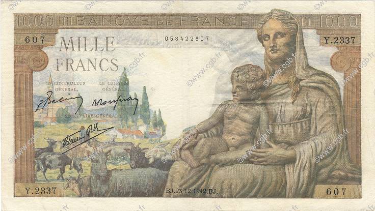 1000 Francs DÉESSE DÉMÉTER FRANCE  1942 F.40.14 VF+