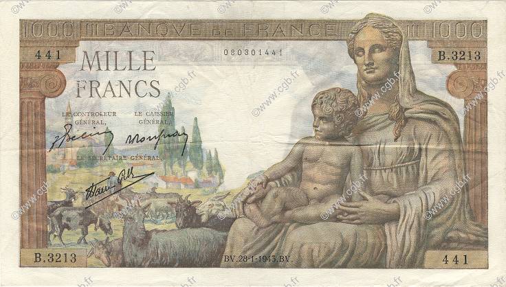1000 Francs DÉESSE DÉMÉTER FRANCE  1943 F.40.17 VF+