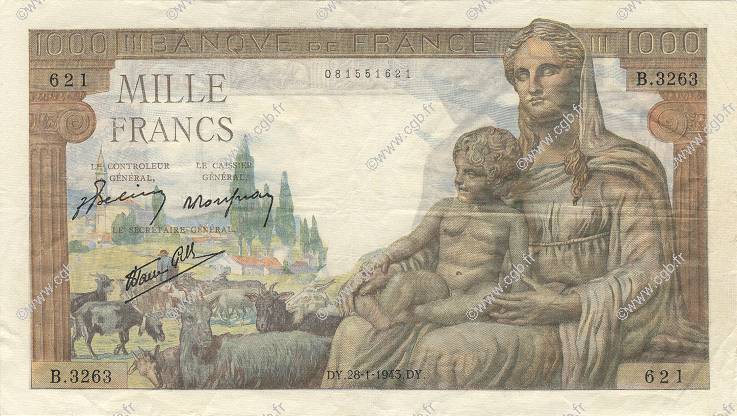 1000 Francs DÉESSE DÉMÉTER FRANKREICH  1943 F.40.17 SS