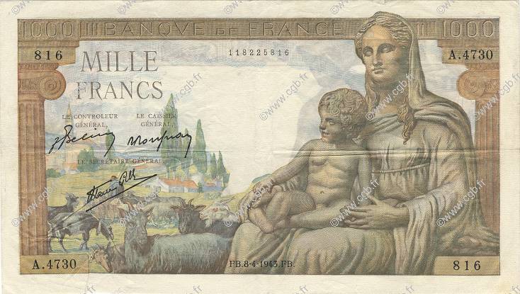 1000 Francs DÉESSE DÉMÉTER FRANCE  1943 F.40.21 TTB+