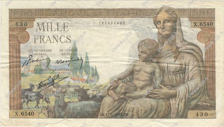 1000 Francs DÉESSE DÉMÉTER FRANKREICH  1943 F.40.27 fVZ