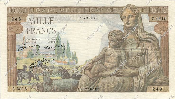1000 Francs DÉESSE DÉMÉTER FRANKREICH  1943 F.40.29 VZ