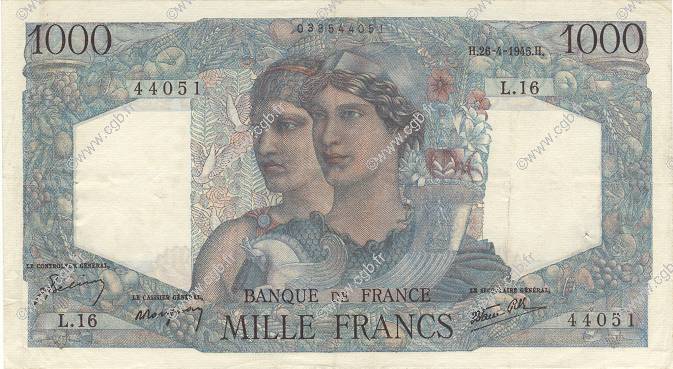 1000 Francs MINERVE ET HERCULE FRANCE  1945 F.41.02 VF+