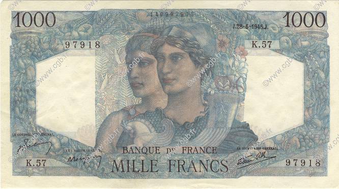 1000 Francs MINERVE ET HERCULE FRANCIA  1945 F.41.05 SPL