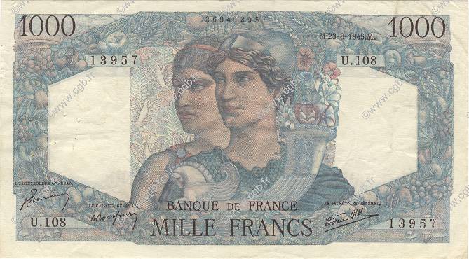 1000 Francs MINERVE ET HERCULE FRANCE  1945 F.41.07 TTB