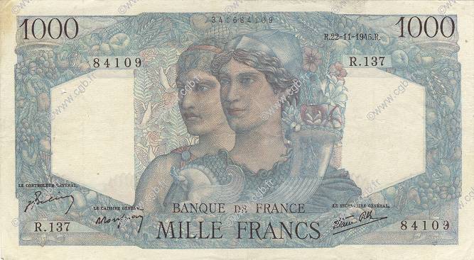 1000 Francs MINERVE ET HERCULE FRANCE  1945 F.41.08 VF+