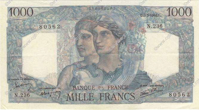 1000 Francs MINERVE ET HERCULE FRANKREICH  1946 F.41.12 VZ