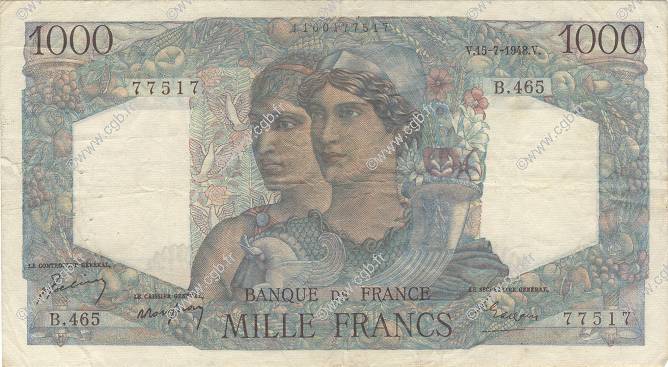1000 Francs MINERVE ET HERCULE FRANCE  1948 F.41.22 TB à TTB