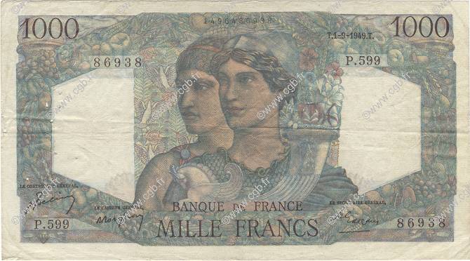 1000 Francs MINERVE ET HERCULE FRANCE  1949 F.41.28 TB+