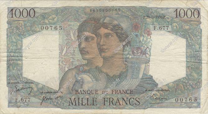 1000 Francs MINERVE ET HERCULE FRANCE  1950 F.41.33 TB