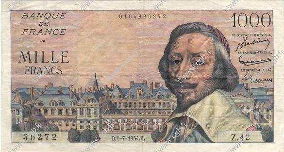 1000 Francs RICHELIEU FRANCE  1954 F.42.06 VF+