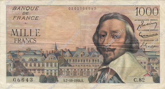 1000 Francs RICHELIEU FRANCE  1954 F.42.08 TTB